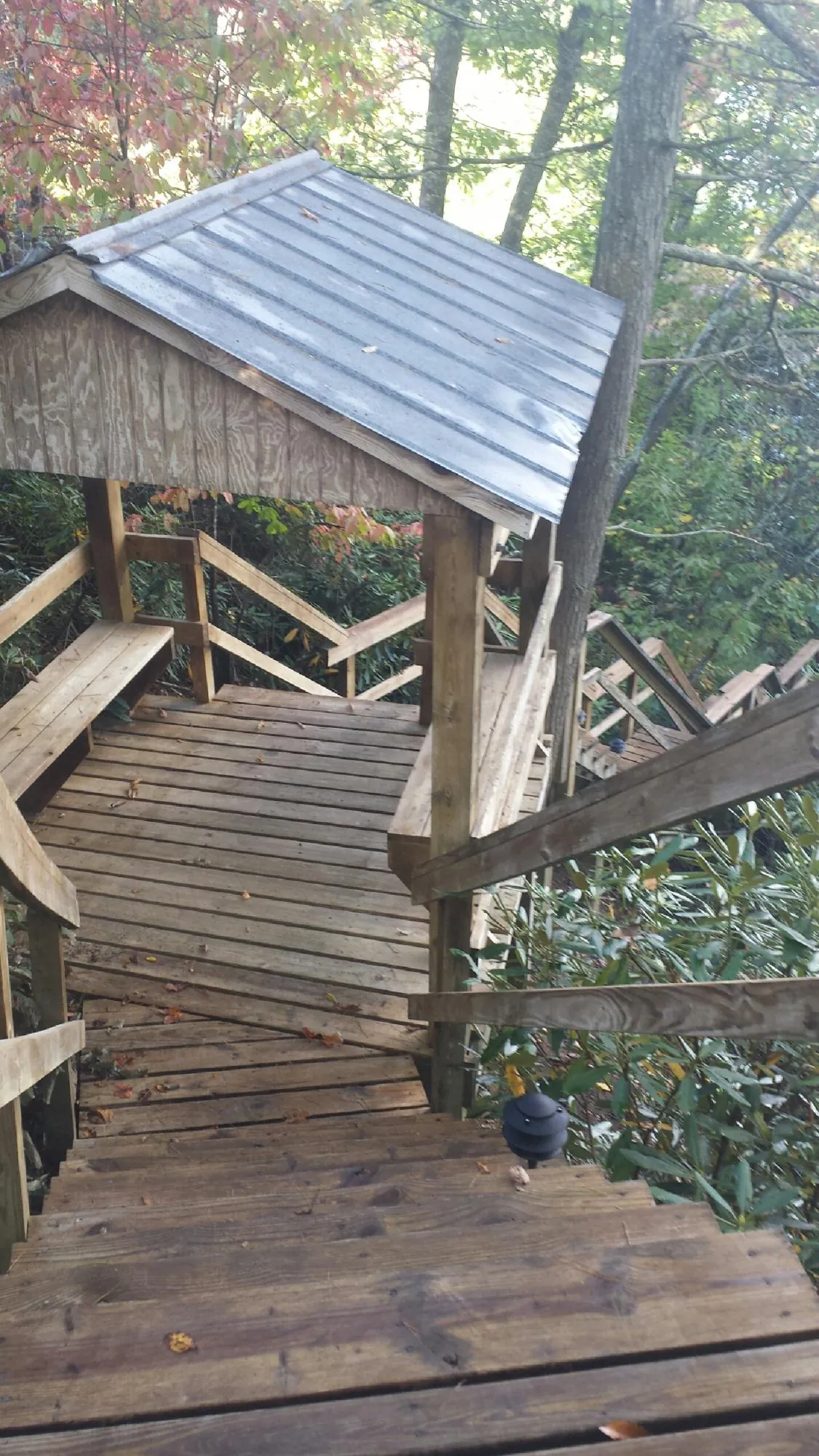 Metal roofed shelter over wooden steps on a wooded walkway — Skylight Repair & Installation work by our crew in La Canada Flintridge